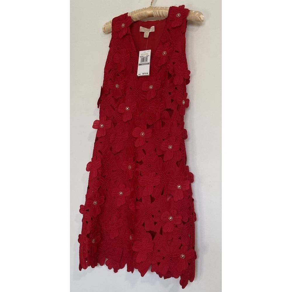 Michael Kors Dress- Red Cutout & Embellished of Red Flowers- Size 0-NWT